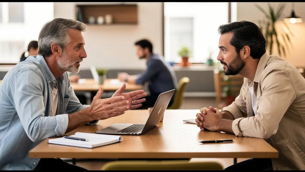 Deux professionnels en discussion dans un espace de coworking, échangeant sur un projet de financement