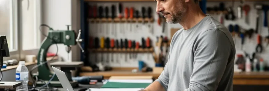 Entrepreneur consultant son ordinateur dans un atelier, réfléchissant aux options de financement participatif