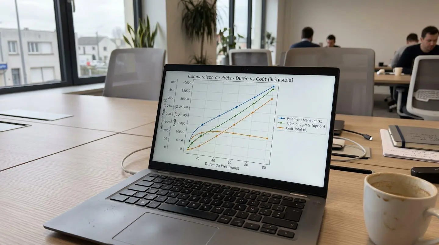 Écran d'ordinateur portable affichant un graphique comparatif avec trois courbes colorées représentant les durées d'emprunt et leurs impacts financiers