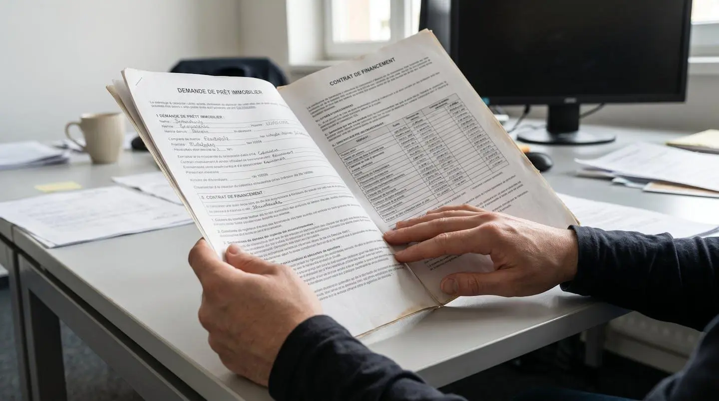 Mains tenant un document officiel français avec logo Marianne flouté et paragraphes de critères d'éligibilité, sur un bureau blanc contemporain