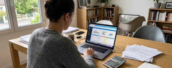 Une personne vue de dos consulte des documents financiers et un ordinateur portable affichant un tableau de calcul, dans un intérieur contemporain éclairé par la lumière naturelle