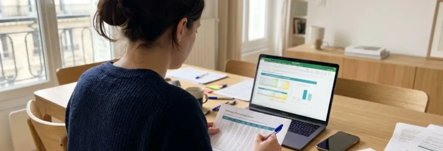 Une personne vue de dos consulte des documents financiers et un ordinateur portable affichant un tableau de calcul, dans un intérieur contemporain éclairé par la lumière naturelle