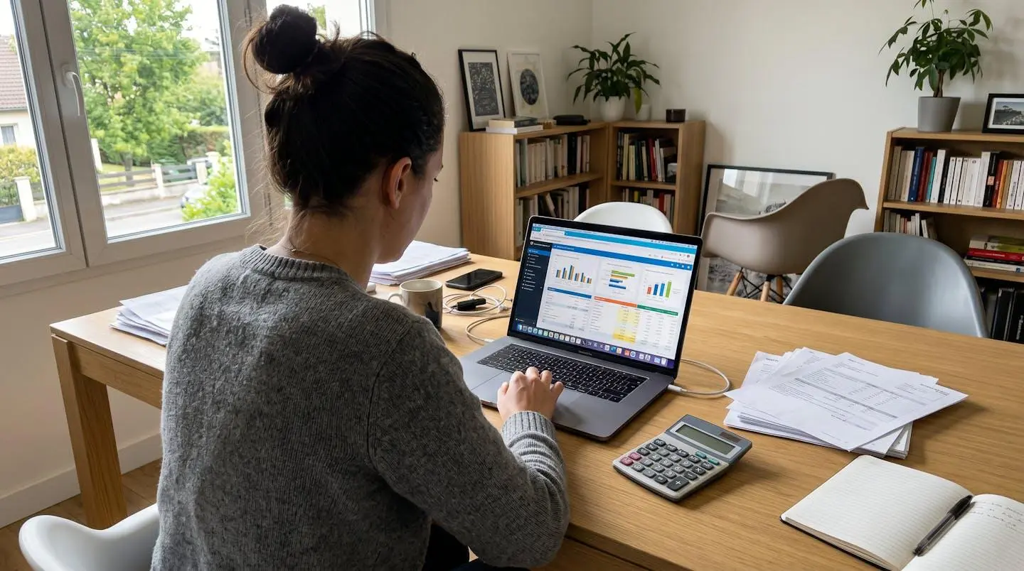Une personne vue de dos consulte des documents financiers et un ordinateur portable affichant un tableau de calcul, dans un intérieur contemporain éclairé par la lumière naturelle