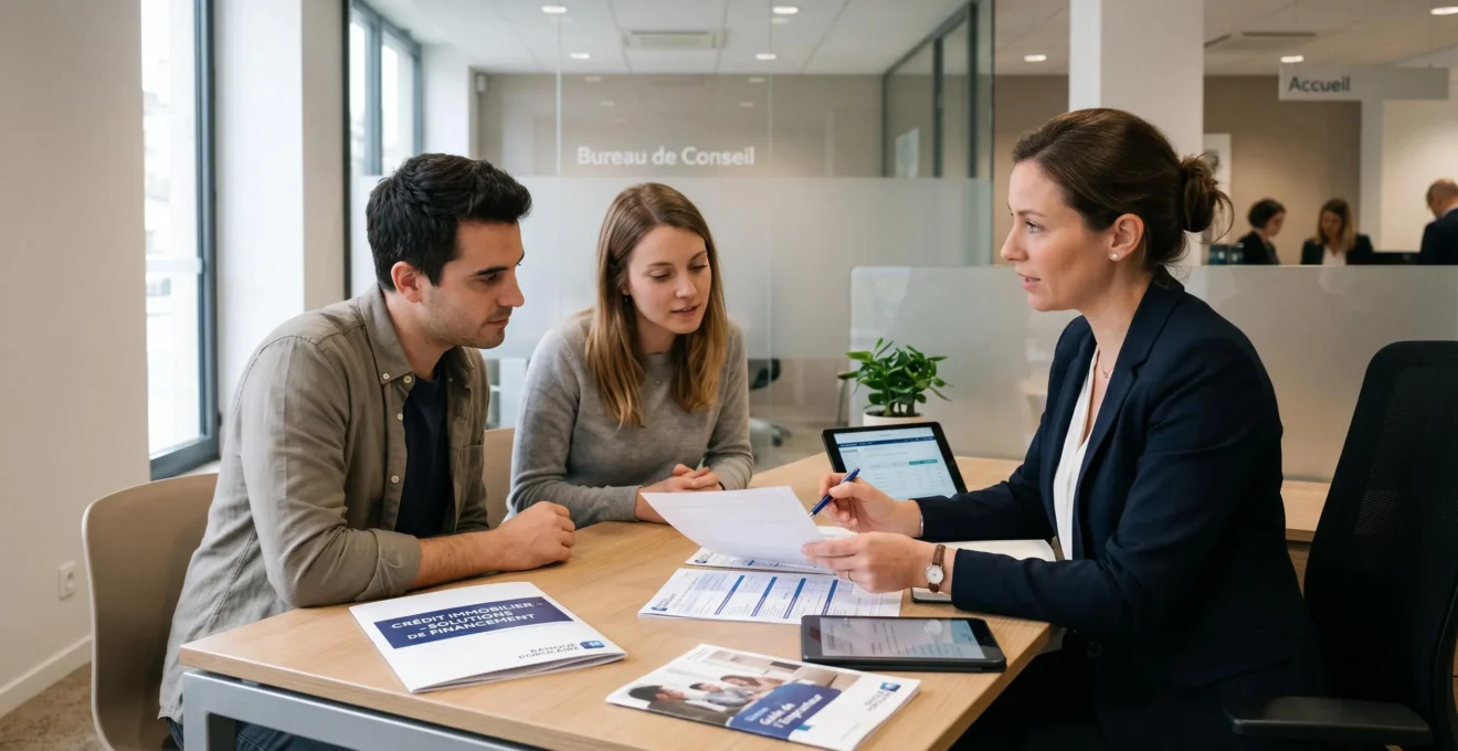 Conseiller bancaire présentant des options de financement immobilier à un jeune couple dans un bureau d'agence moderne