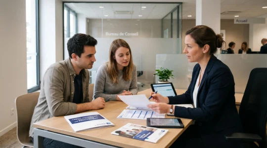 Conseiller bancaire présentant des options de financement immobilier à un jeune couple dans un bureau d'agence moderne