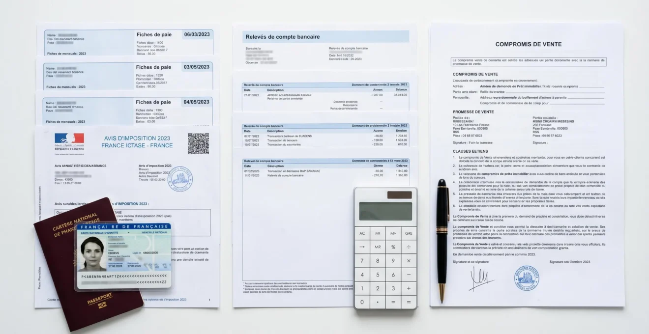 Vue organisée d'un dossier de crédit immobilier avec tous les justificatifs administratifs français requis