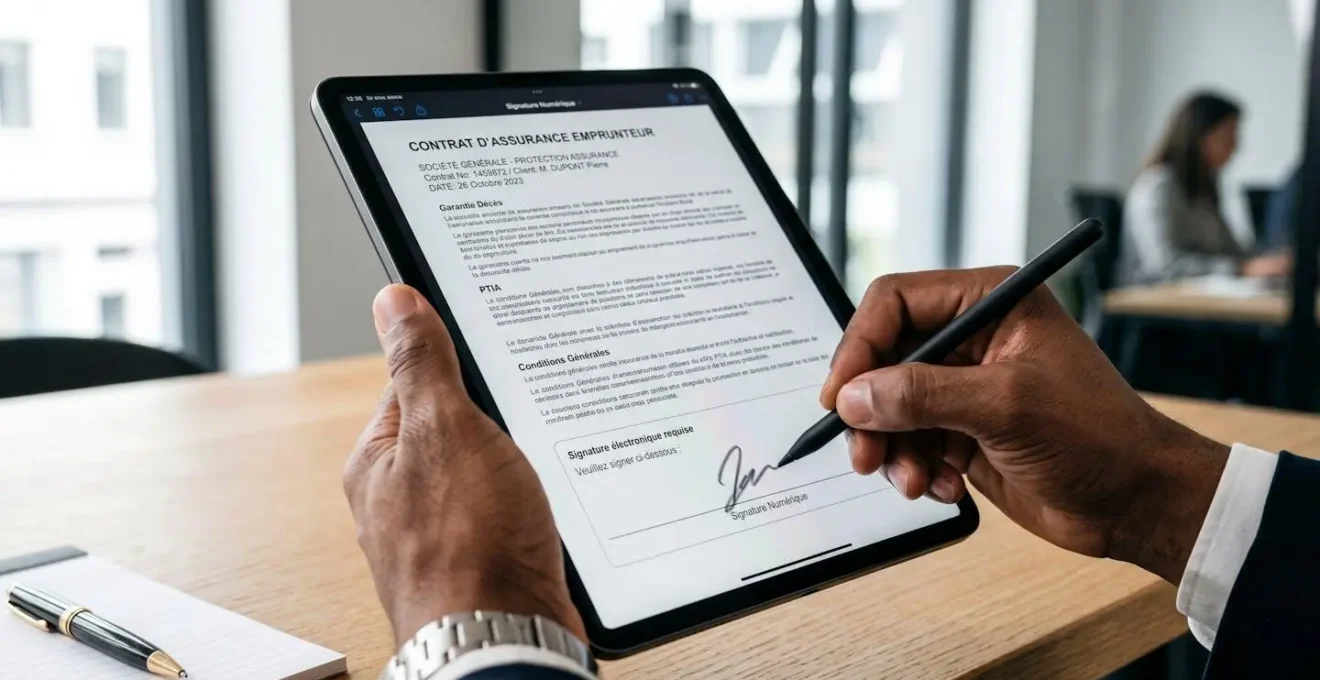 Signature électronique d'un contrat d'assurance emprunteur sur tablette numérique moderne